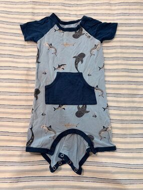 Kyte BABY Light Blue & Navy Shark Print Short-Sleeve Romper Pajamas